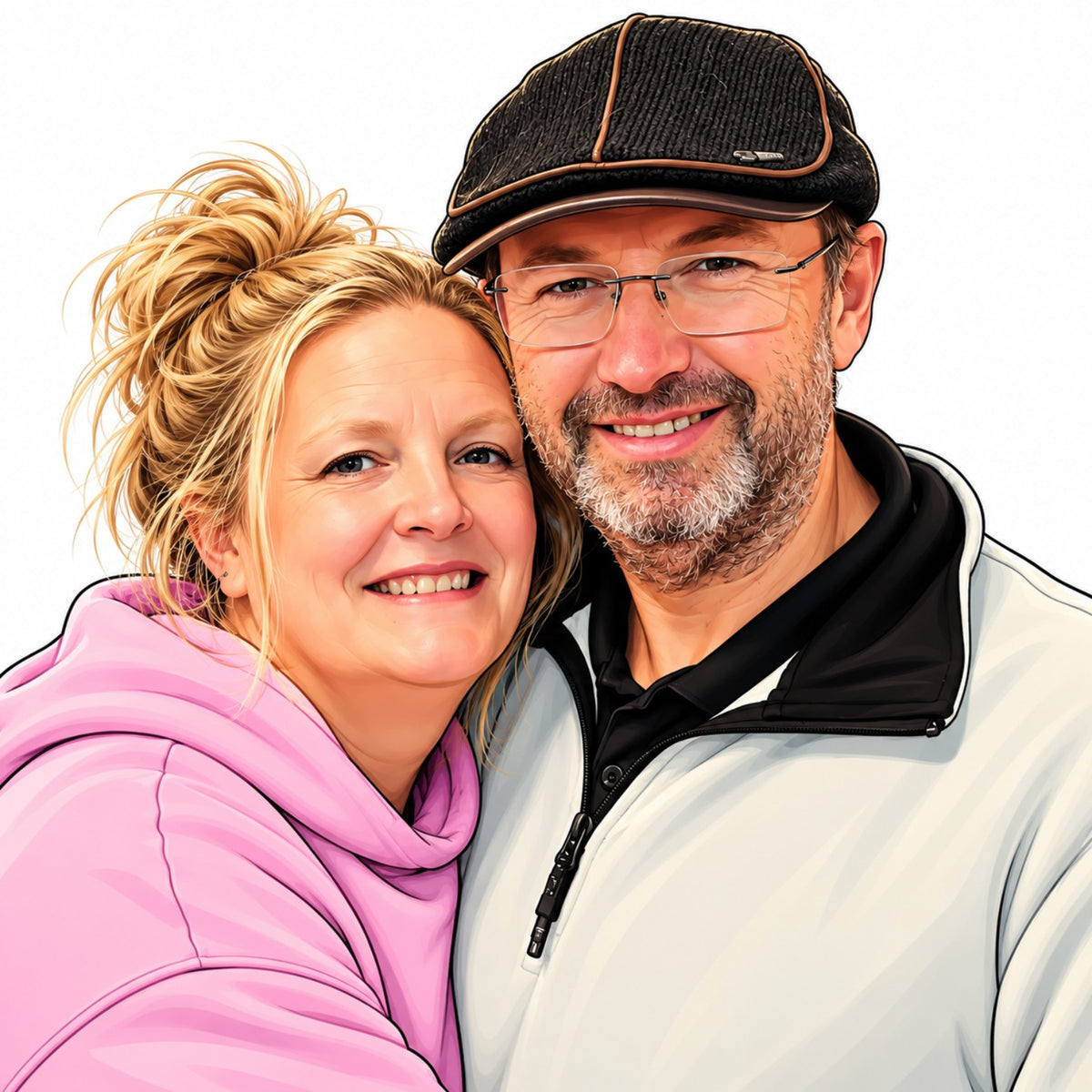 Cartoon portrait of the Wiggle3D owners together on a white background