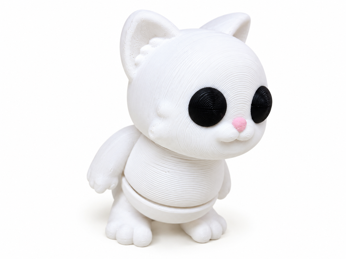 Wiggle3D Flexible Baby Cat white articulated 3D printed fidget toy with black eyes and pink nose on white background
