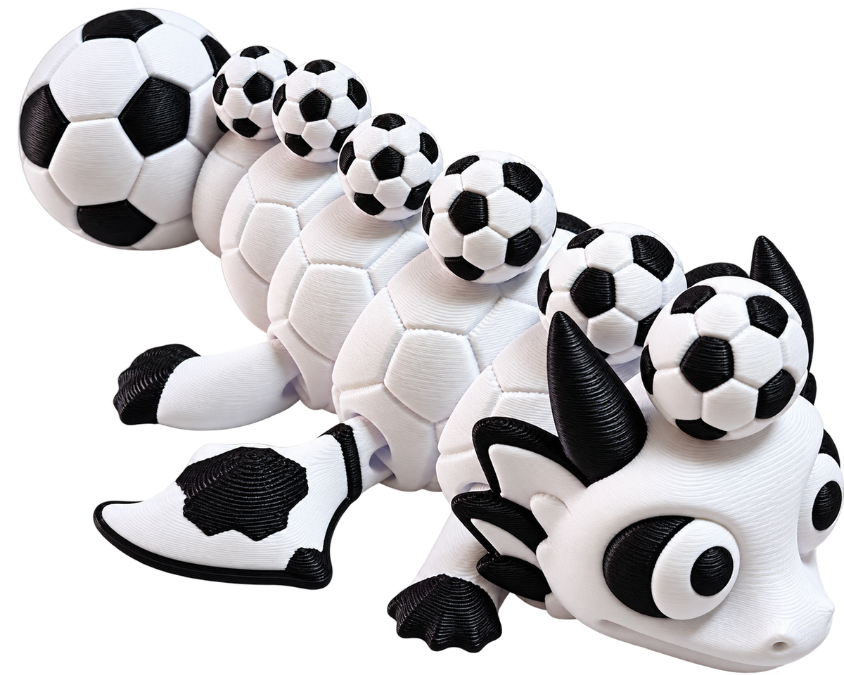 Wiggle3D Football Dragon, black and white articulated 3D printed dragon