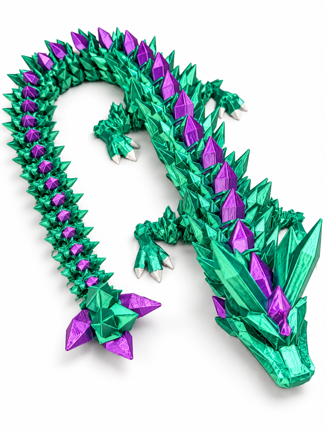 Green and purple large crystal dragon on white background
